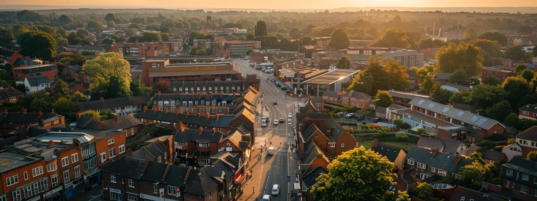 a dynamic aerial view of a bustling aldershot town centre, showcasing vibrant local businesses and community engagement under soft, golden sunlight, symbolising growth and connection in a thriving marketplace.