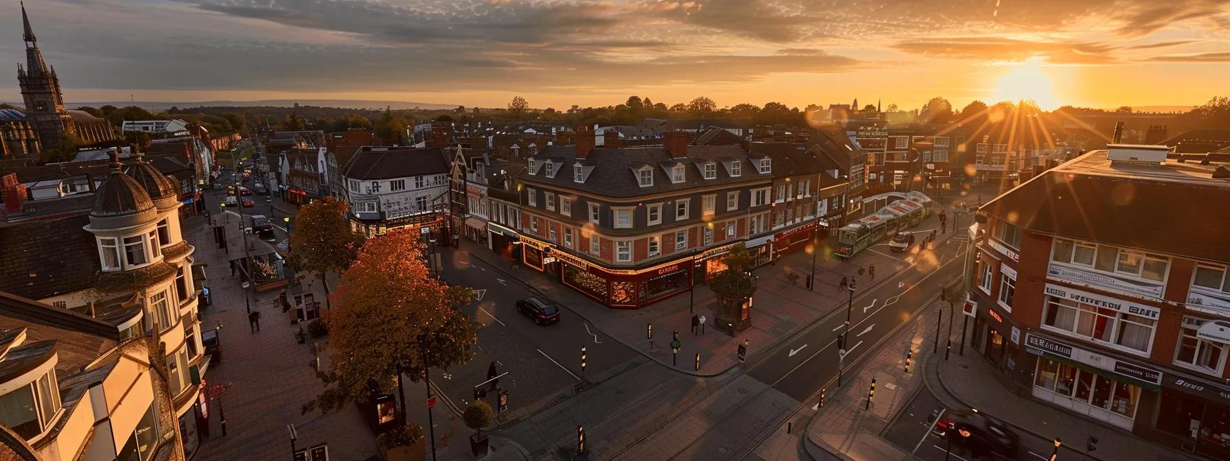 a dynamic panoramic view of aldershot's vibrant town centre, showcasing bustling streets adorned with local businesses and captivating digital advertisements, symbolising the synergy between community growth and cutting-edge seo strategies, captured in golden hour lighting for warmth and clarity.