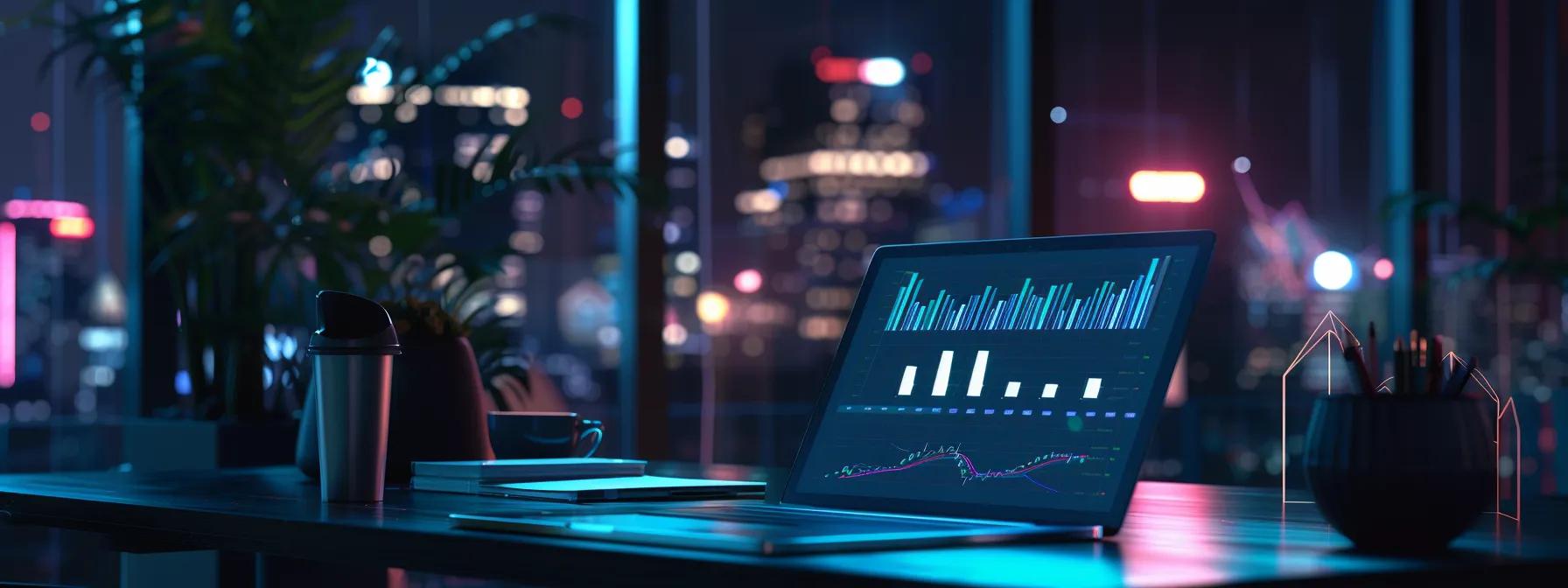 a dynamic workspace featuring a sleek laptop illuminated by a soft glow, surrounded by visual analytics and charts that represent rising digital visibility and success in seo strategies.