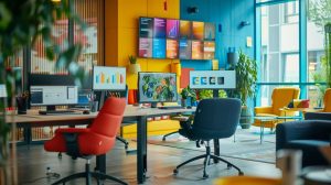 a striking visual of a modern, budget-friendly workspace showcasing a vibrant, collaborative atmosphere where creative freelancers and professional agencies engage in dynamic design discussions over colourful digital screens.