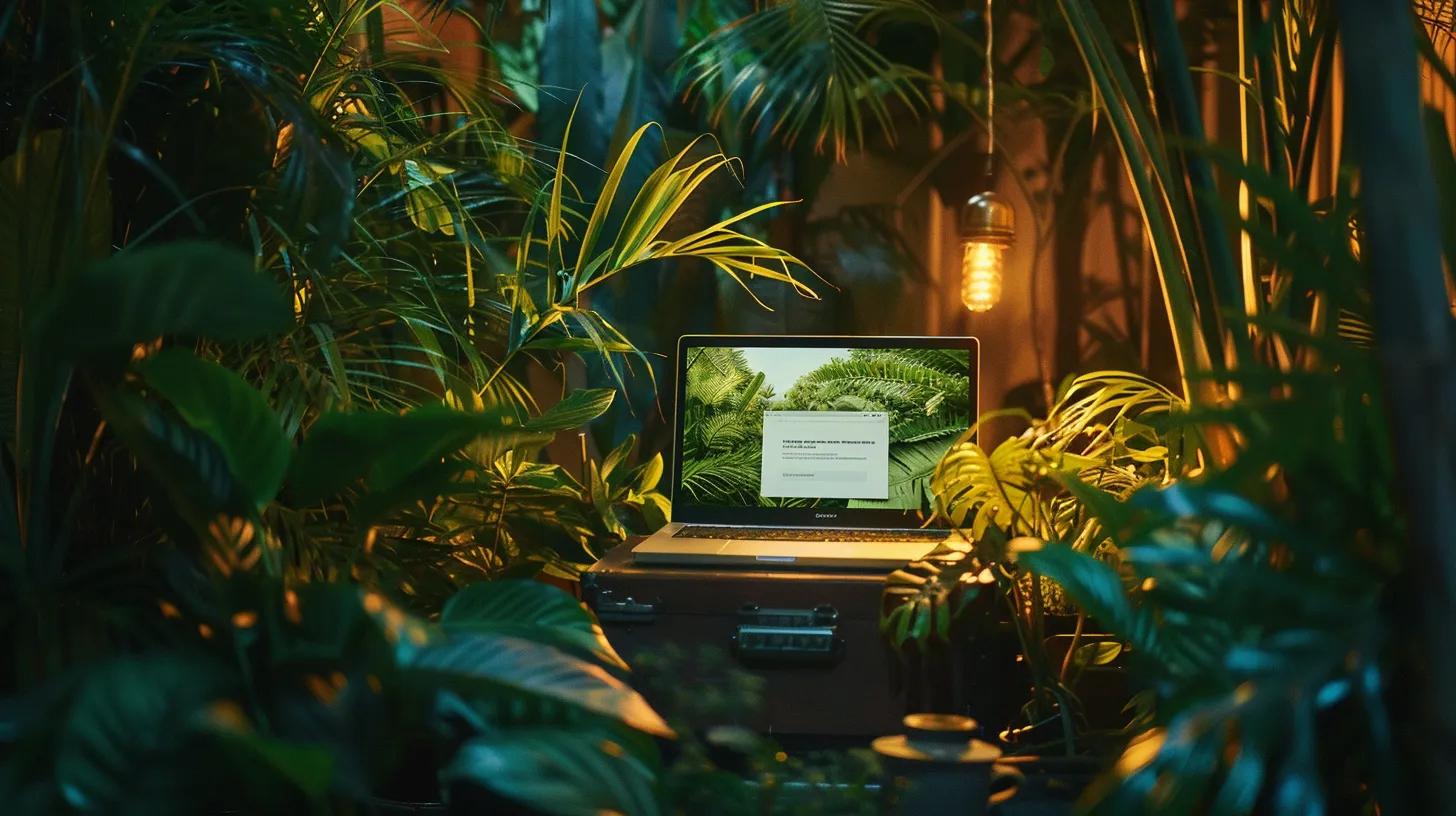 a vibrant digital workspace showcases a laptop displaying a beautifully customised wordpress website, surrounded by lush greenery and warm, ambient lighting that evokes creativity and inspiration.