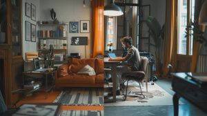 a vibrant split screen depicting a freelance designer passionately working on a digital tablet in a cozy, eclectic studio on one side, contrasted with a sleek, modern agency office bustling with a diverse team collaborating around a large conference table on the other.