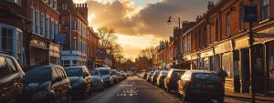 a vibrant street view of aldershot showcasing bustling local businesses and well-placed signage, captured during golden hour light for an inviting and dynamic atmosphere.