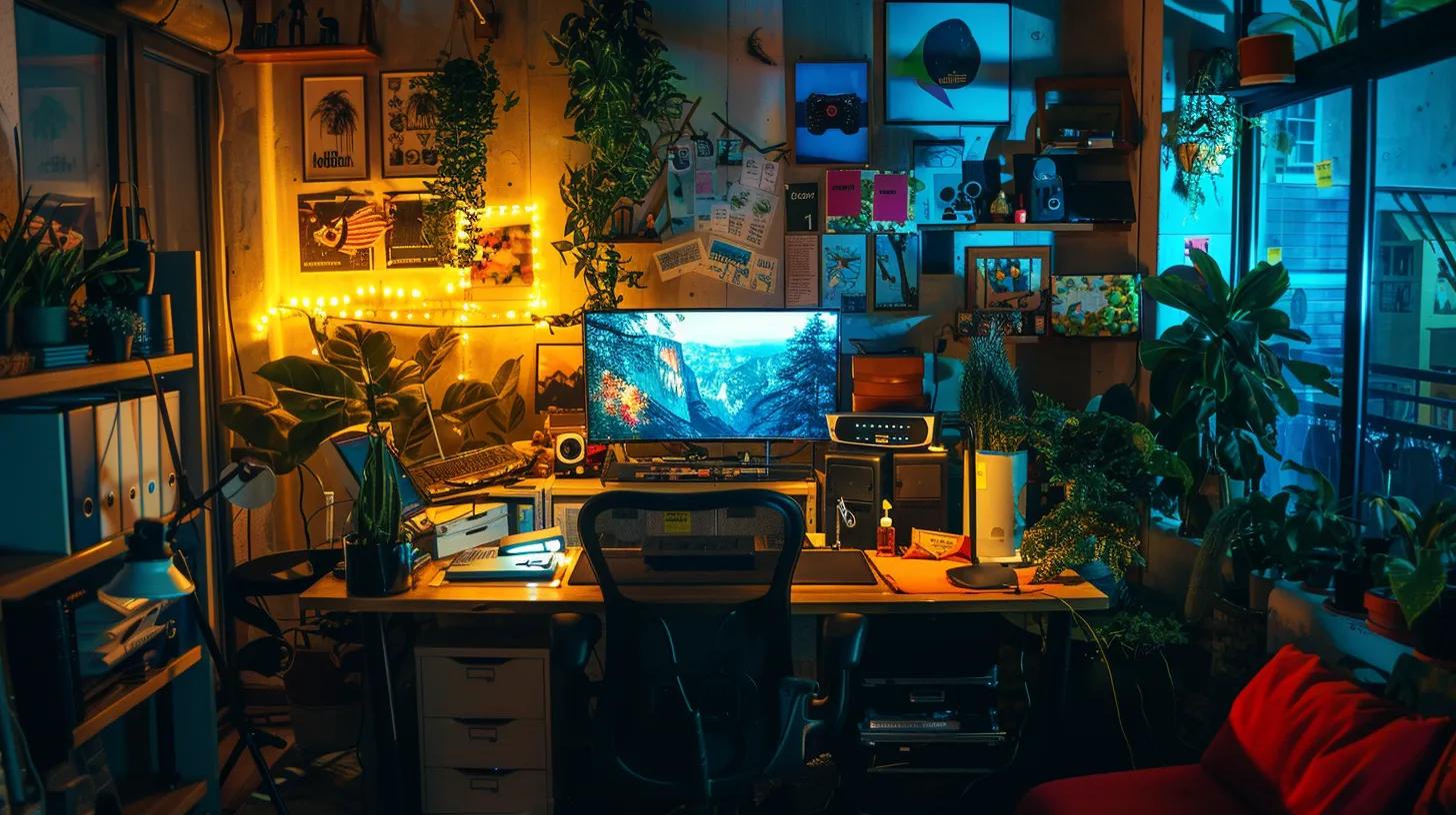 a vibrant workspace, filled with modern design tools, showcases a focused freelancer immersed in creating an innovative website on a sleek computer, emphasising the agility and creativity of budget web design.