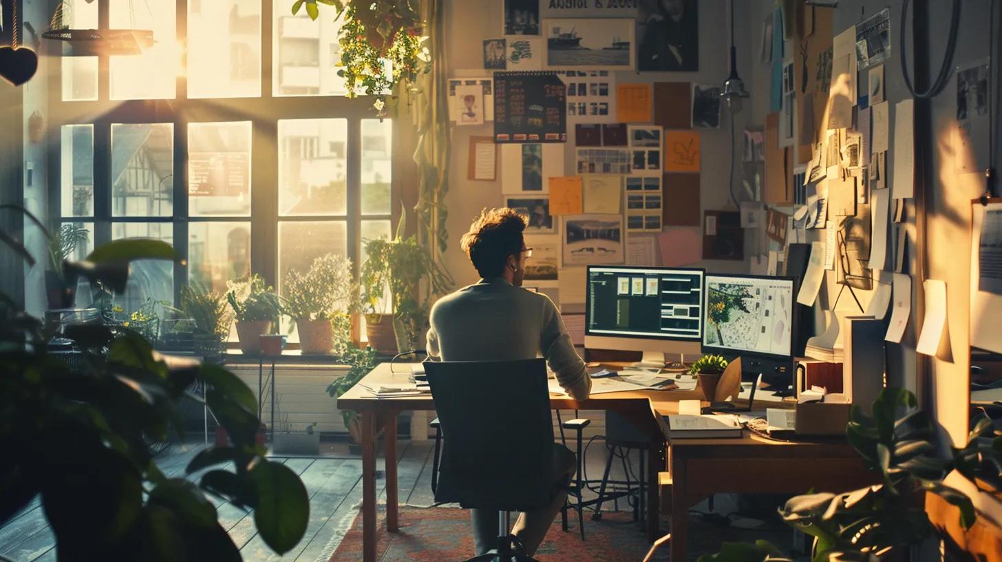 a vibrant workspace showcasing a dynamic freelance wordpress designer immersed in creativity, surrounded by sketches and digital displays, illuminated by warm natural light filtering through large windows.