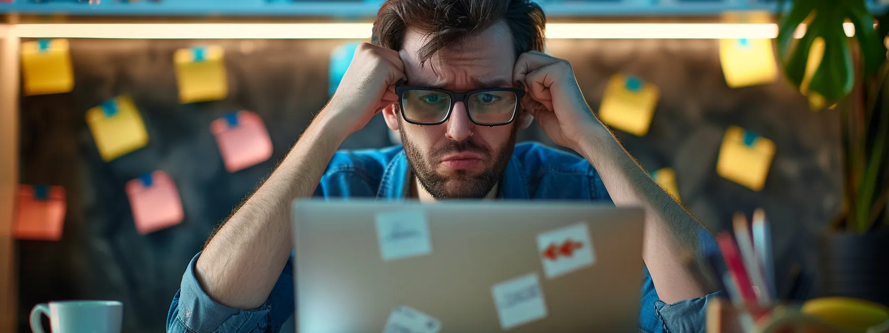 a person carefully comparing different seo plugins on a laptop screen, surrounded by notes and reviews, with a determined expression on their face.