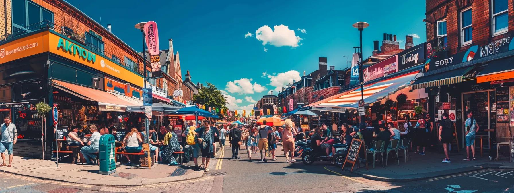 a vibrant street scene in aldershot, showcasing bustling local shops and cafés filled with people engaging in their daily activities, all under a clear blue sky that emphasizes the community's dynamic atmosphere.