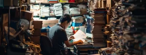 an sme owner surrounded by stacks of paperwork and struggling with a computer interface showing a crowded online marketplace, highlighting the challenges of e-commerce for small businesses.