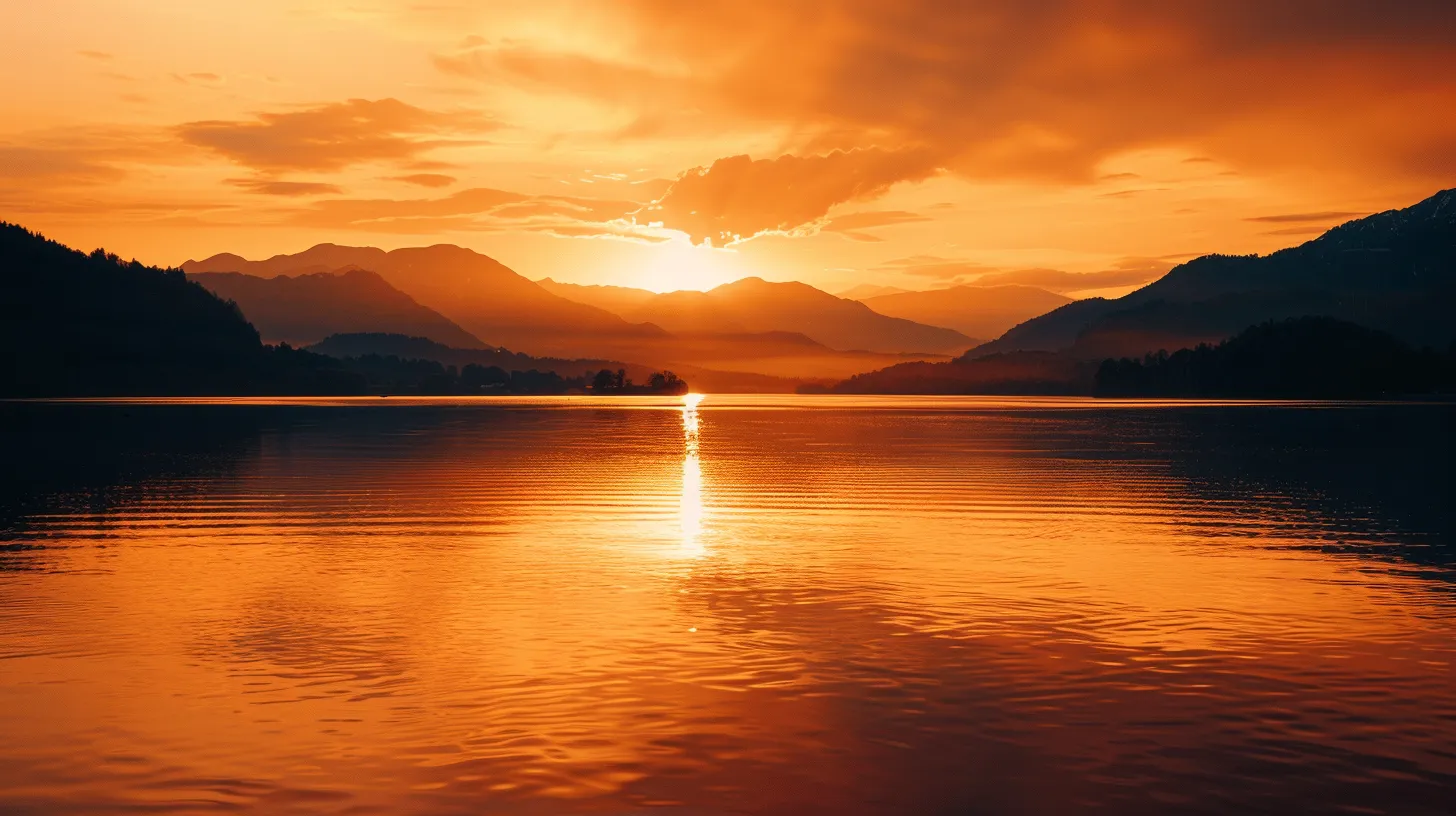 a breathtaking panorama of a golden sunset casting warm hues over a tranquil lake, with majestic mountains silhouetted against the vibrant sky, creating a serene and enchanting atmosphere.