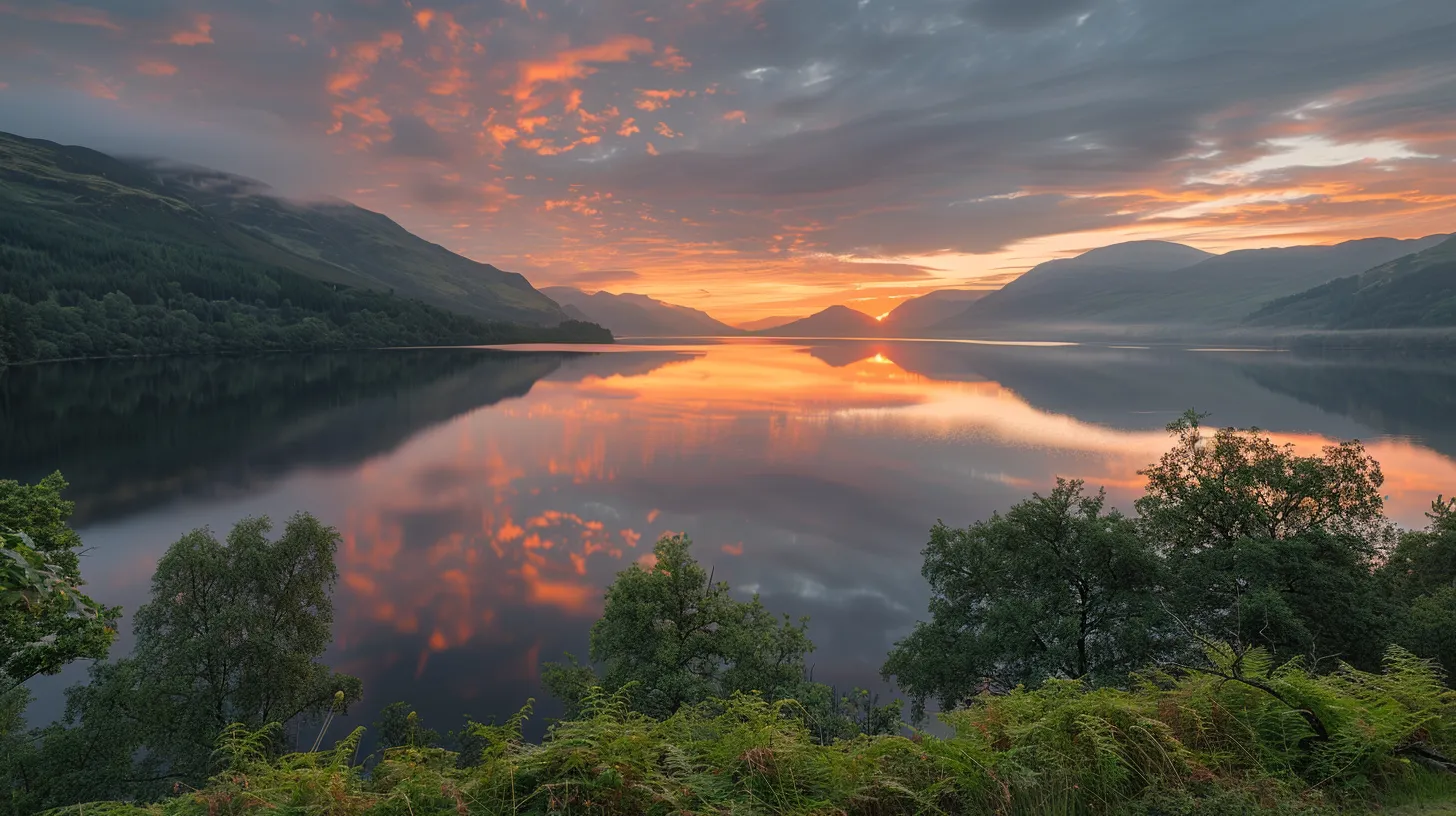 a breathtaking sunrise casts a warm golden glow over a tranquil lake, reflecting the vivid hues of pink and orange clouds, framed by lush greenery and distant misty mountains.