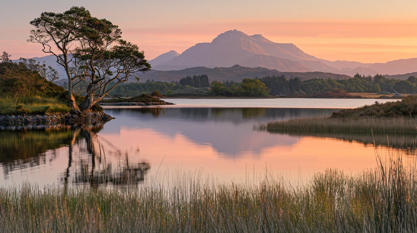 a breathtaking sunrise casts vibrant hues of orange and pink across a tranquil lake, reflecting the silhouette of majestic mountains in the distance, evoking a sense of peace and serenity.