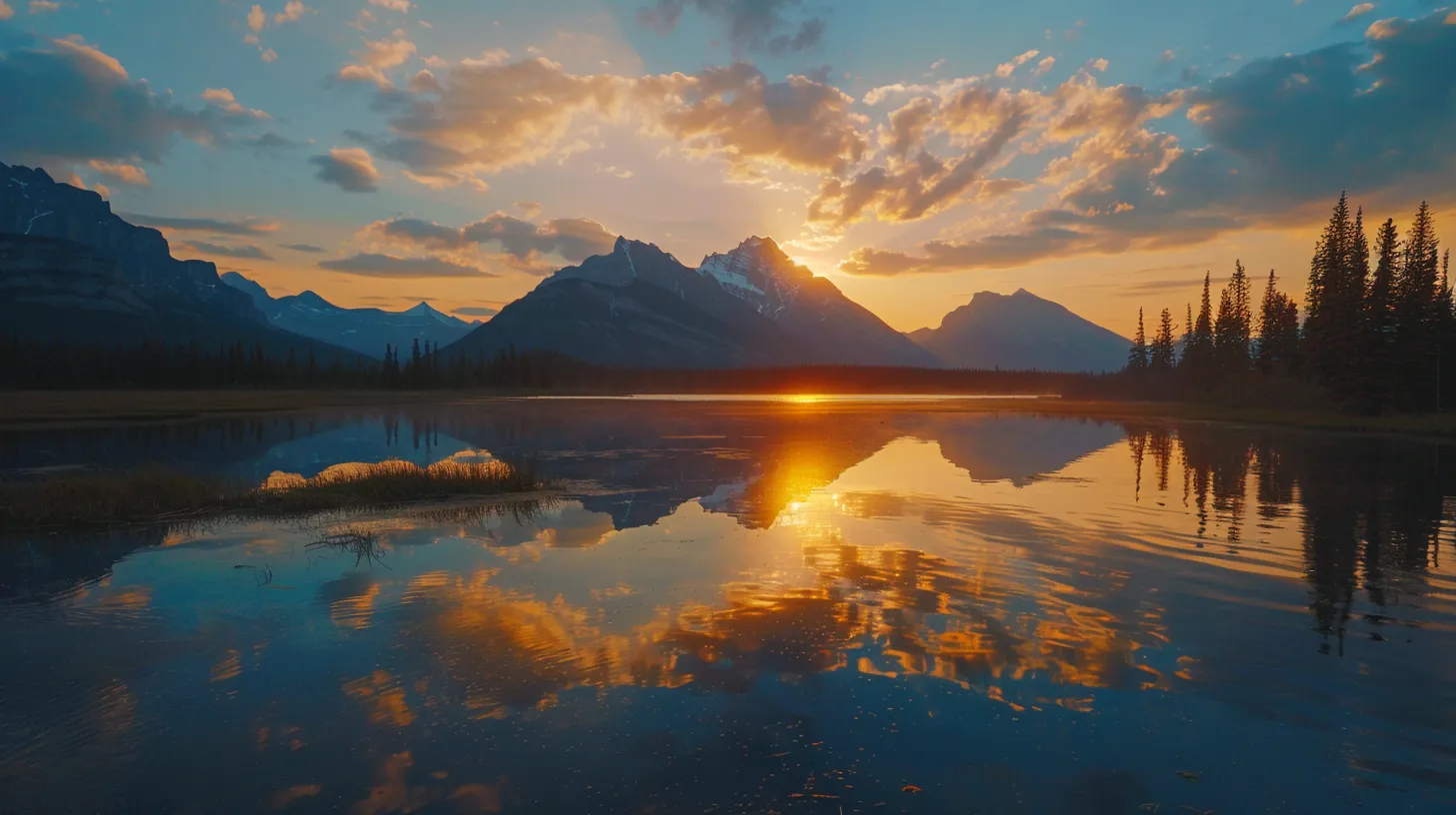 a breathtaking sunrise spills golden light over a serene lake, its surface perfectly reflecting the vibrant hues of the sky and the silhouette of majestic mountains in the background.