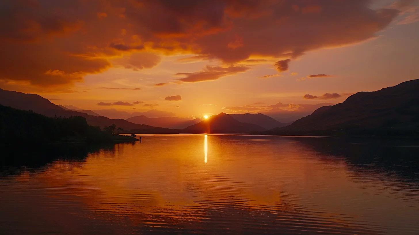 a breathtaking sunset casts a warm golden glow over a tranquil lake, reflecting the vibrant hues of orange and pink clouds against a backdrop of majestic mountains.