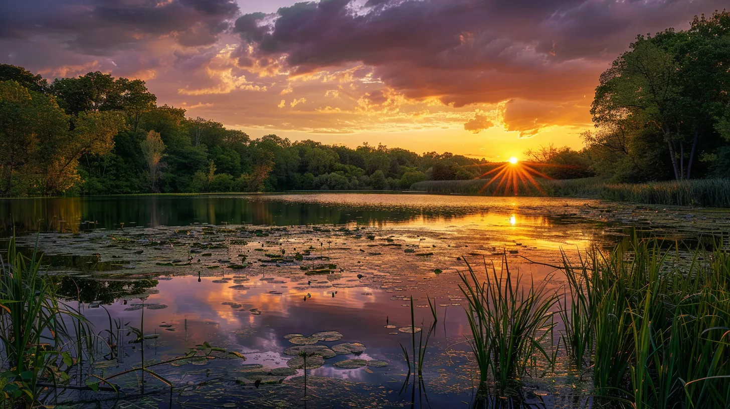 a breathtaking sunset casts a warm golden hue over a serene lake, reflecting the vibrant colours of the sky and surrounded by lush greenery.