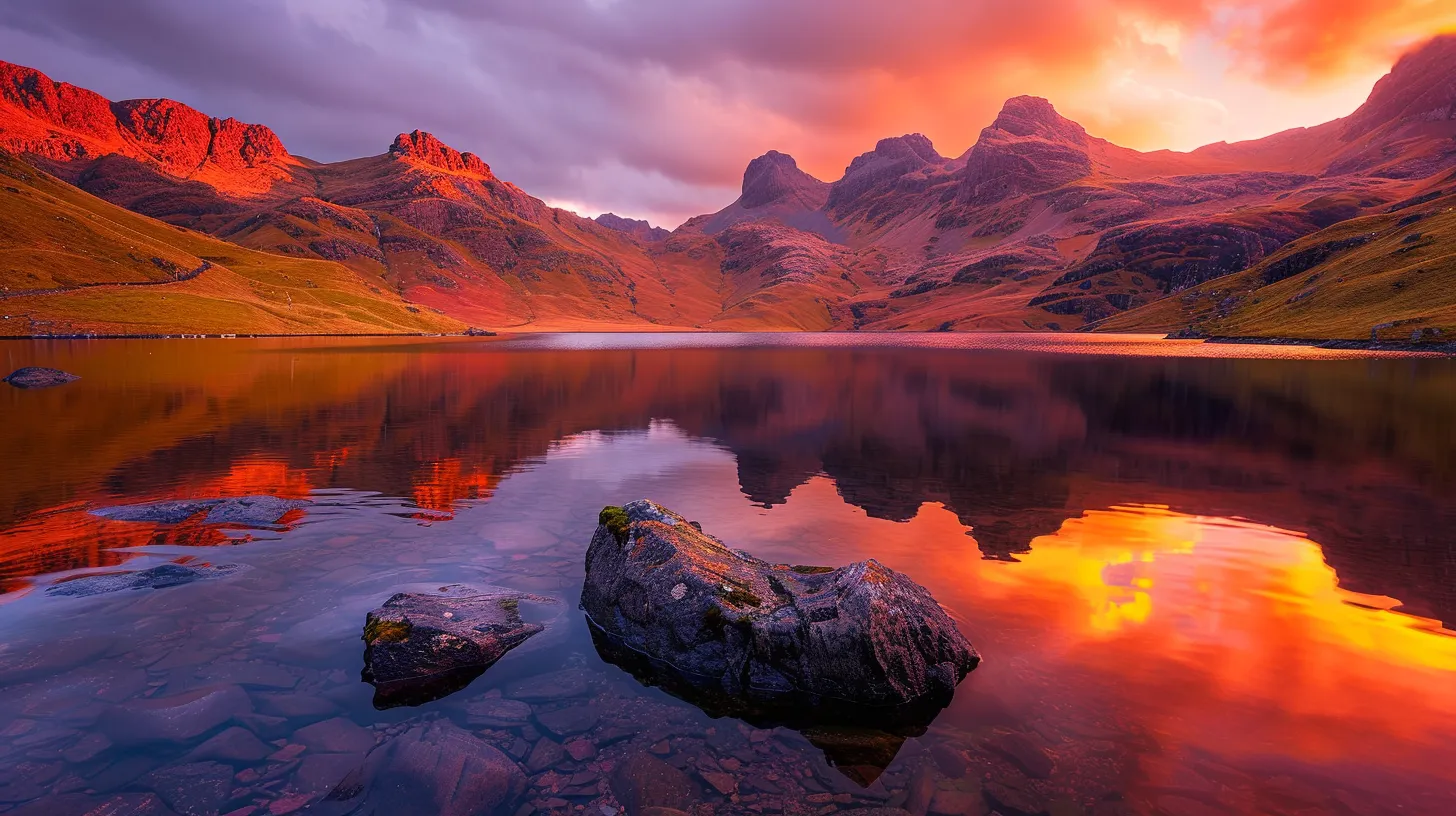 a breathtaking sunset illuminates a serene mountain lake, its glassy surface reflecting the vibrant hues of orange, pink, and purple skies, evoking a sense of tranquil beauty.