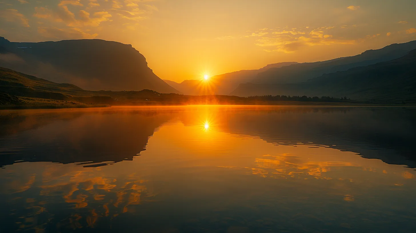 a dramatic sunrise casts golden light over a tranquil lake, with a single, majestic mountain reflecting on the still water's surface, creating a sense of serene wonder.