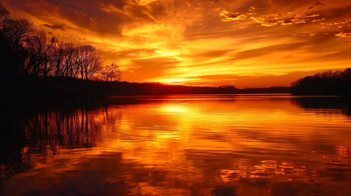 a dramatic sunset casts a golden hue over a serene lake, its smooth surface perfectly reflecting the fiery sky and silhouetted trees lining the shore.