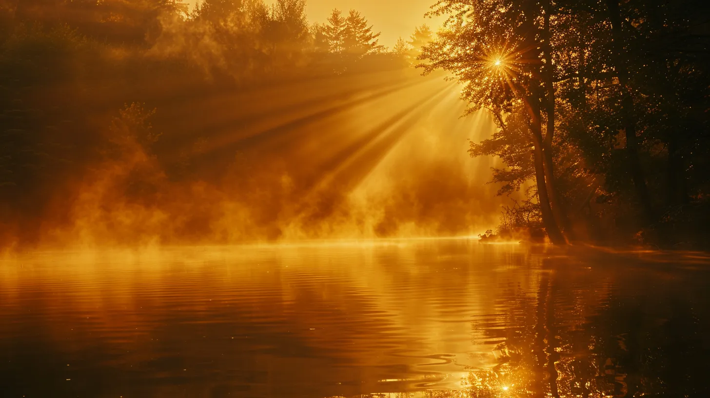 a majestic golden sunrise breaks over a tranquil lake, casting shimmering reflections on the water's surface and illuminating the surrounding misty forest.