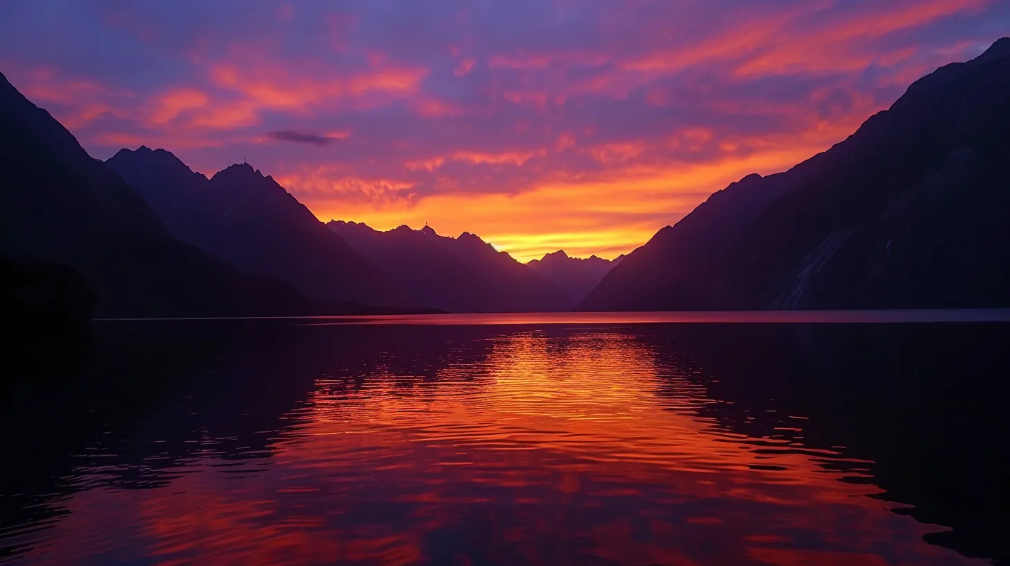 a majestic sunset casts vibrant hues of orange and purple over a serene lake, with silhouettes of distant mountains reflecting on the water's glassy surface.