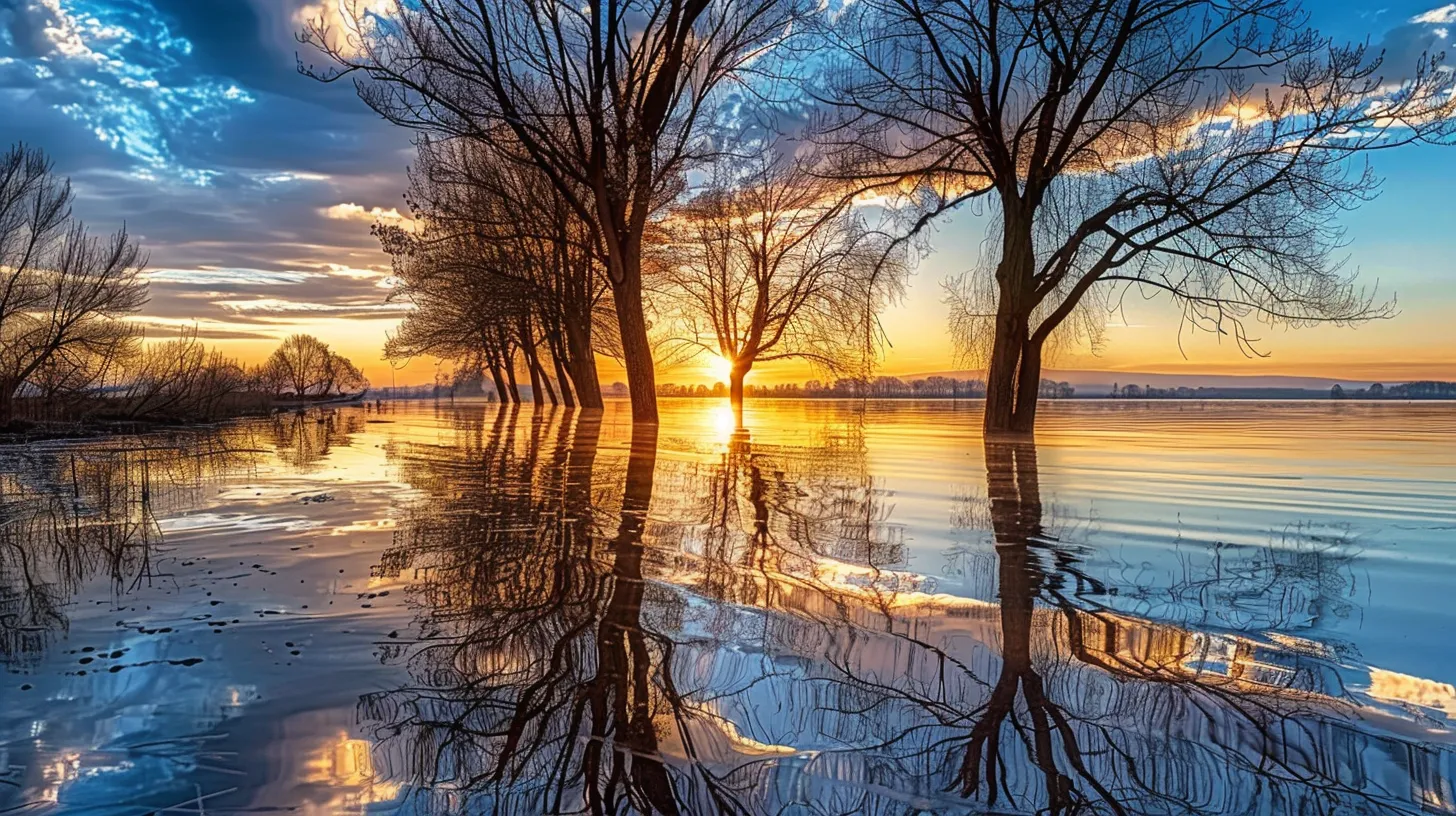 a serene sunset casts a golden hue over a tranquil lake, with silhouetted trees framing the horizon and soft ripples reflecting the vibrant sky.