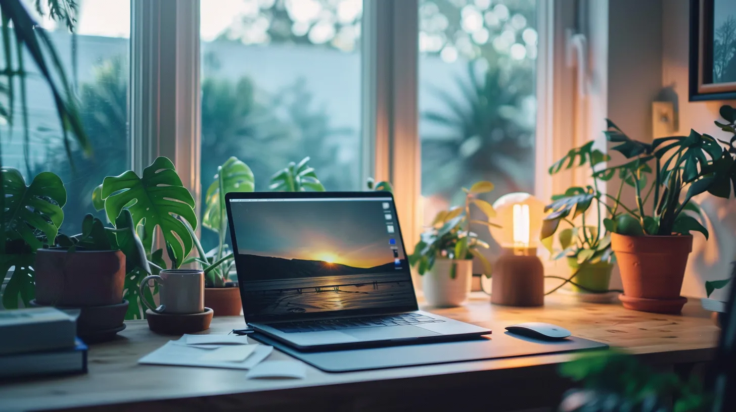 a sleek and modern workspace featuring a minimalist desk adorned with an open laptop displaying a vibrant wordpress website design, illuminated by soft, natural light filtering through a large window.