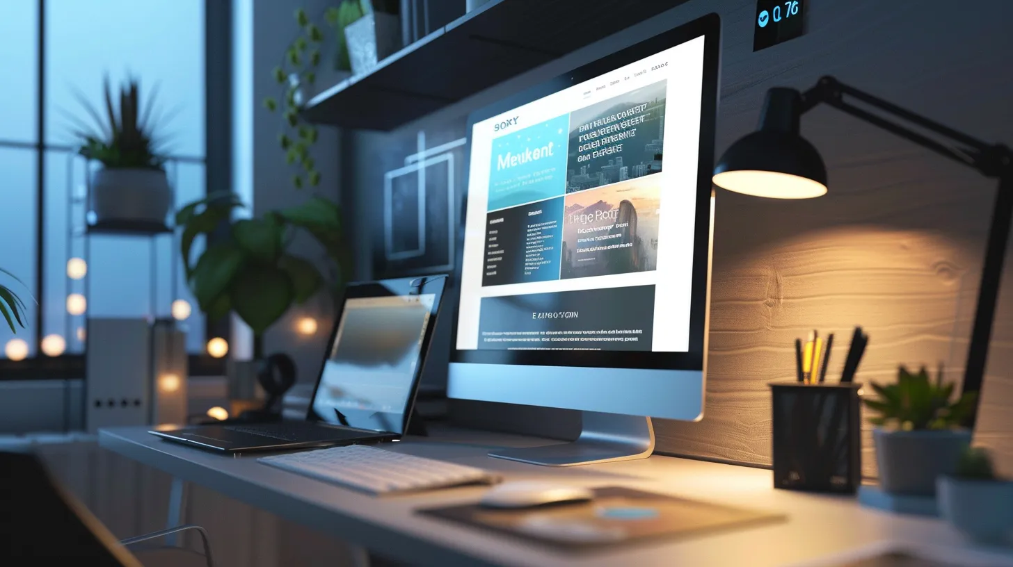 a sleek, modern workspace featuring a vivid wordpress website design displayed on a high-definition monitor, illuminated by soft, warm lighting that highlights the vibrant colours and clean lines of the user interface.