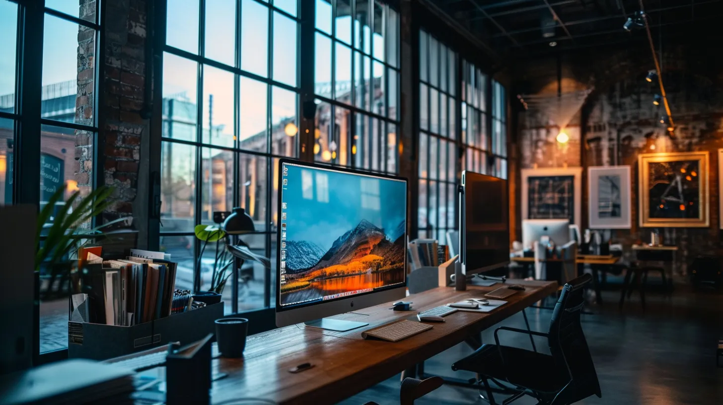 a sleek, modern workspace showcases a vibrant wordpress website design displayed on a large screen, illuminated by warm, natural light streaming through large windows, creating an inviting and innovative atmosphere.