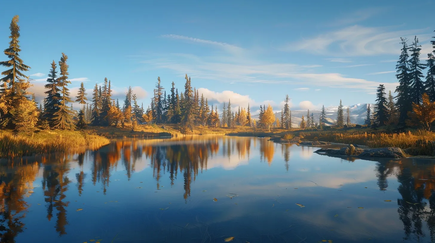 a vibrant autumn landscape showcases a golden-hued forest under a crisp blue sky, framed by the warm glow of the setting sun casting long shadows across a tranquil, reflective pond.