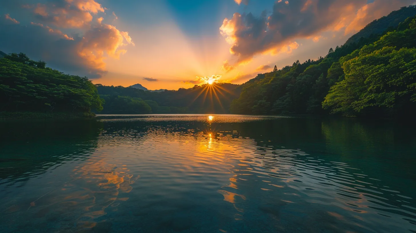 a vibrant sunrise casts golden light over a tranquil lake, its crystal-clear waters reflecting the vivid hues of the sky while surrounded by lush, green hills.