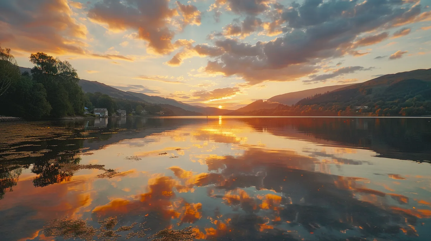 a vibrant sunset casts a warm golden hue over a tranquil lake, with reflections of fluffy clouds mirrored in the still water, creating a serene and enchanting atmosphere.