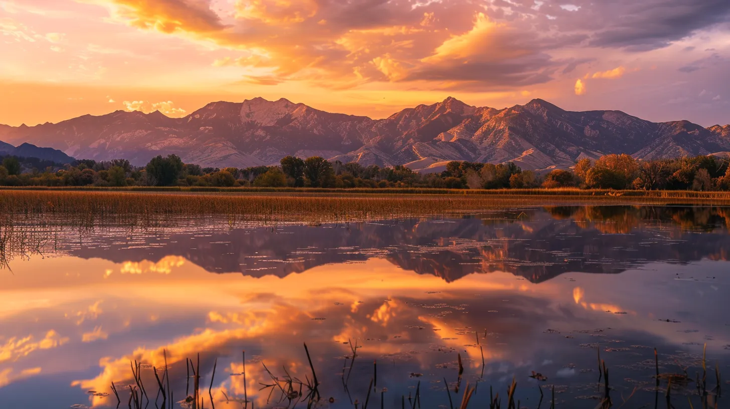 a vibrant sunset casts a warm golden hue over a tranquil lake, where majestic mountains rise dramatically in the background, reflecting perfectly in the still waters.