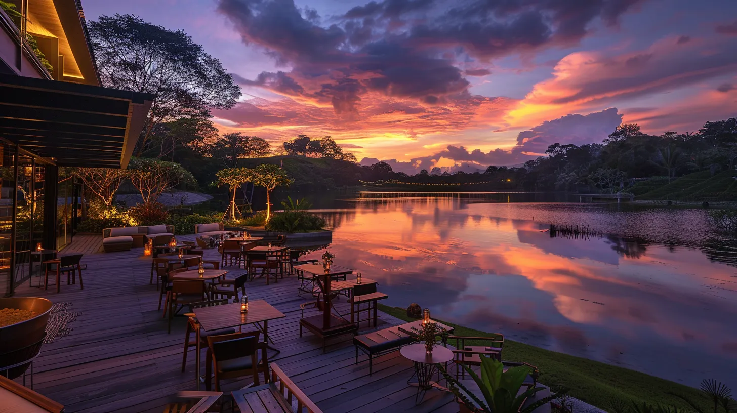 a vibrant sunset paints the sky in hues of orange and purple, casting a golden glow over a tranquil lake surrounded by lush greenery, creating a serene atmosphere of natural beauty.