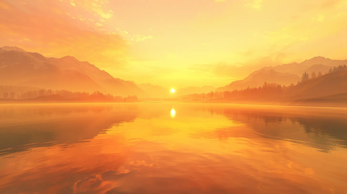 a vivid sunrise casts golden hues over a serene lake, reflecting the surrounding mountains in crystal-clear water, creating a tranquil and breathtaking atmosphere.